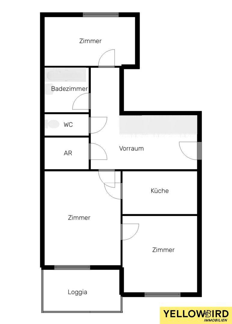 Grundriss einer Wohnung mit Zimmern, Bad, WC, Abstellraum, Küche und Loggia.