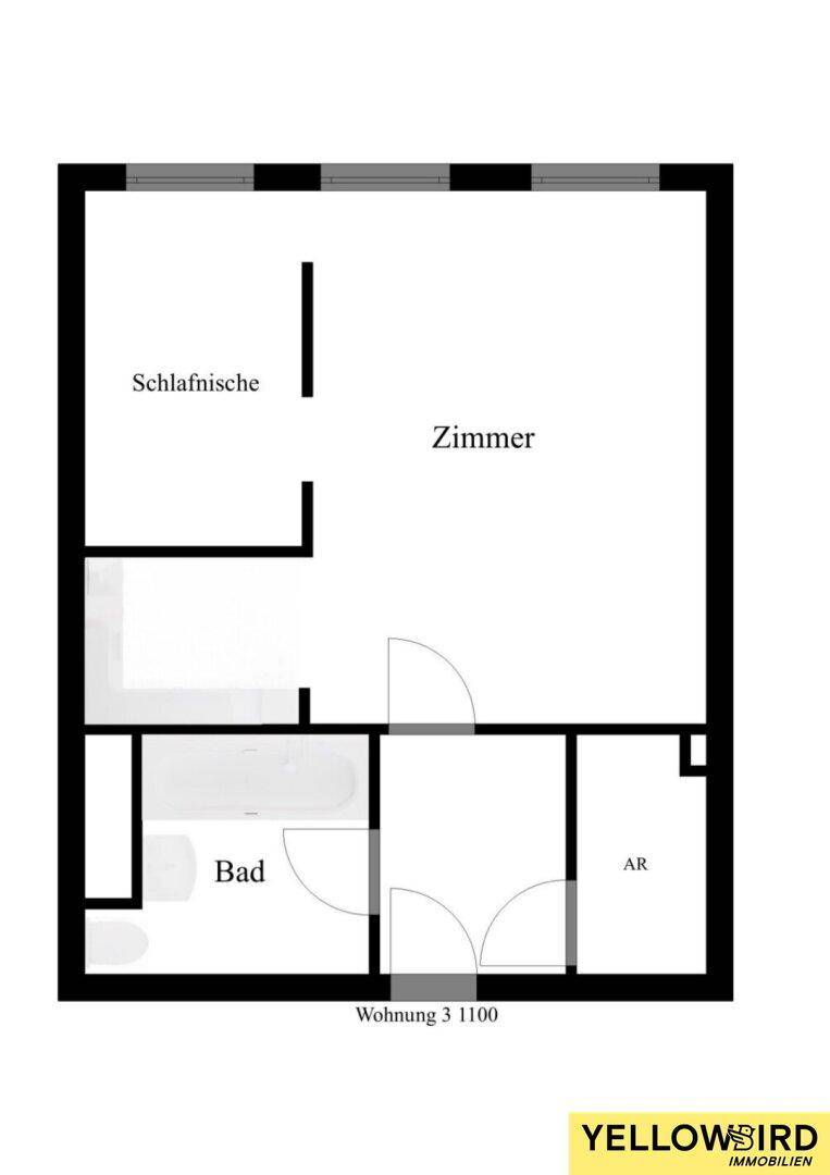 Grundriss einer Wohnung mit Schlafzimmer, Bad und Abstellraum.
