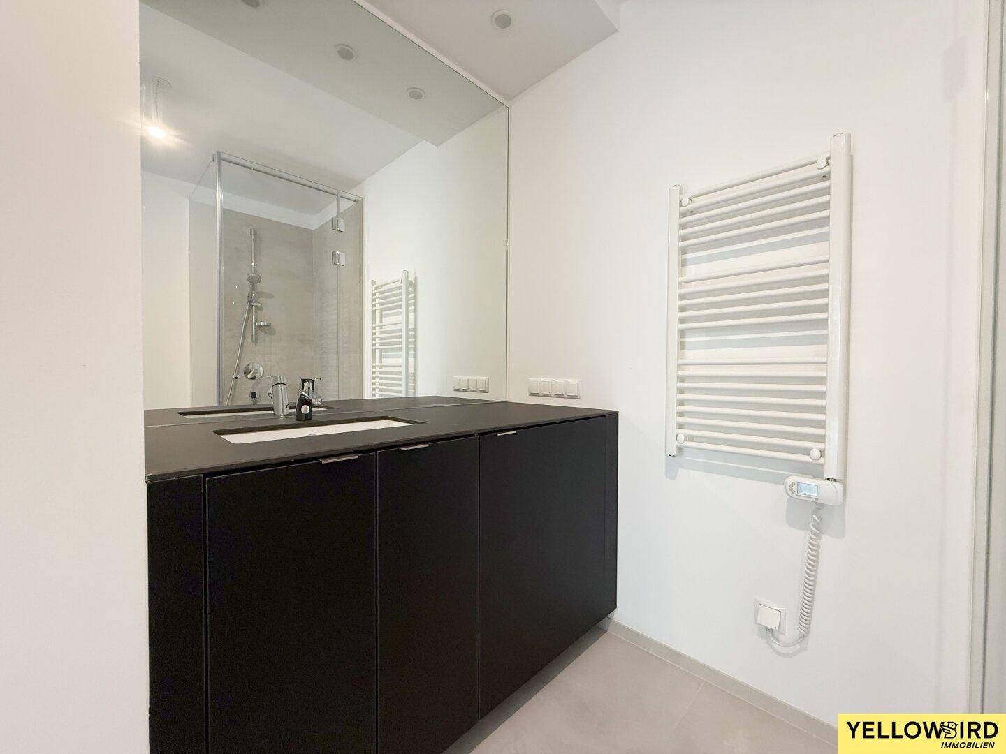 Modernes Badezimmer mit schwarzem Waschtischunterschrank, großem Spiegel und Handtuchheizkörper.