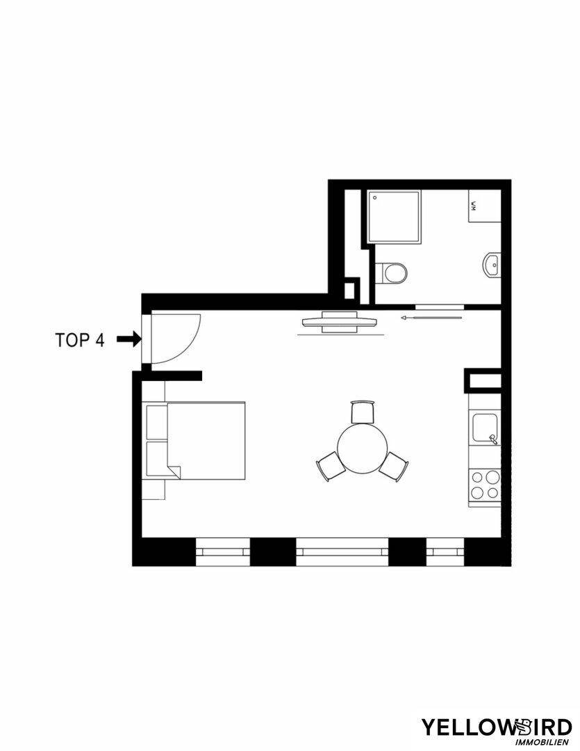 Grundriss der Wohnung Top 4 mit offenem Wohnbereich, Schlafzimmer und Badezimmer.