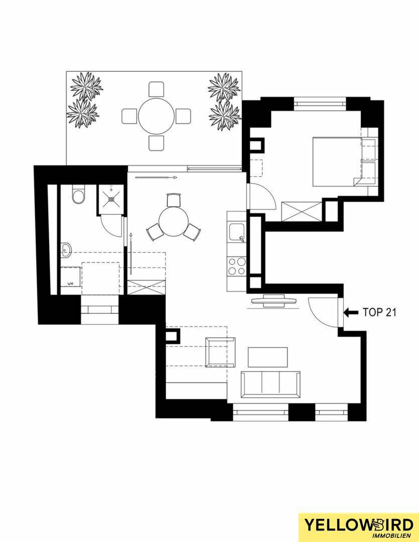 Grundriss der Wohnung Top 21 mit einem Schlafzimmer, Bad und offener Wohnküche.
