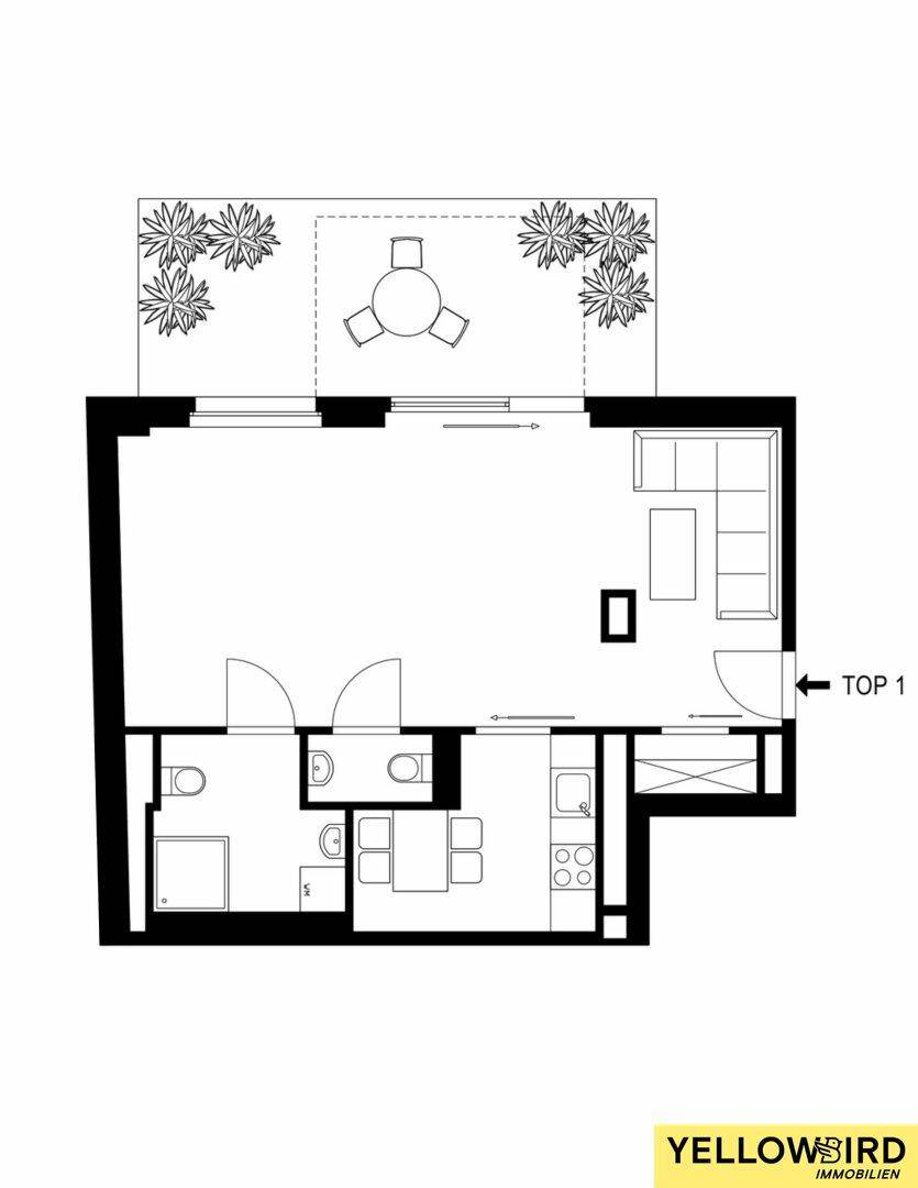 Grundriss einer Wohnung mit offenem Wohnbereich, Küche, Bad und einer großen Terrasse.