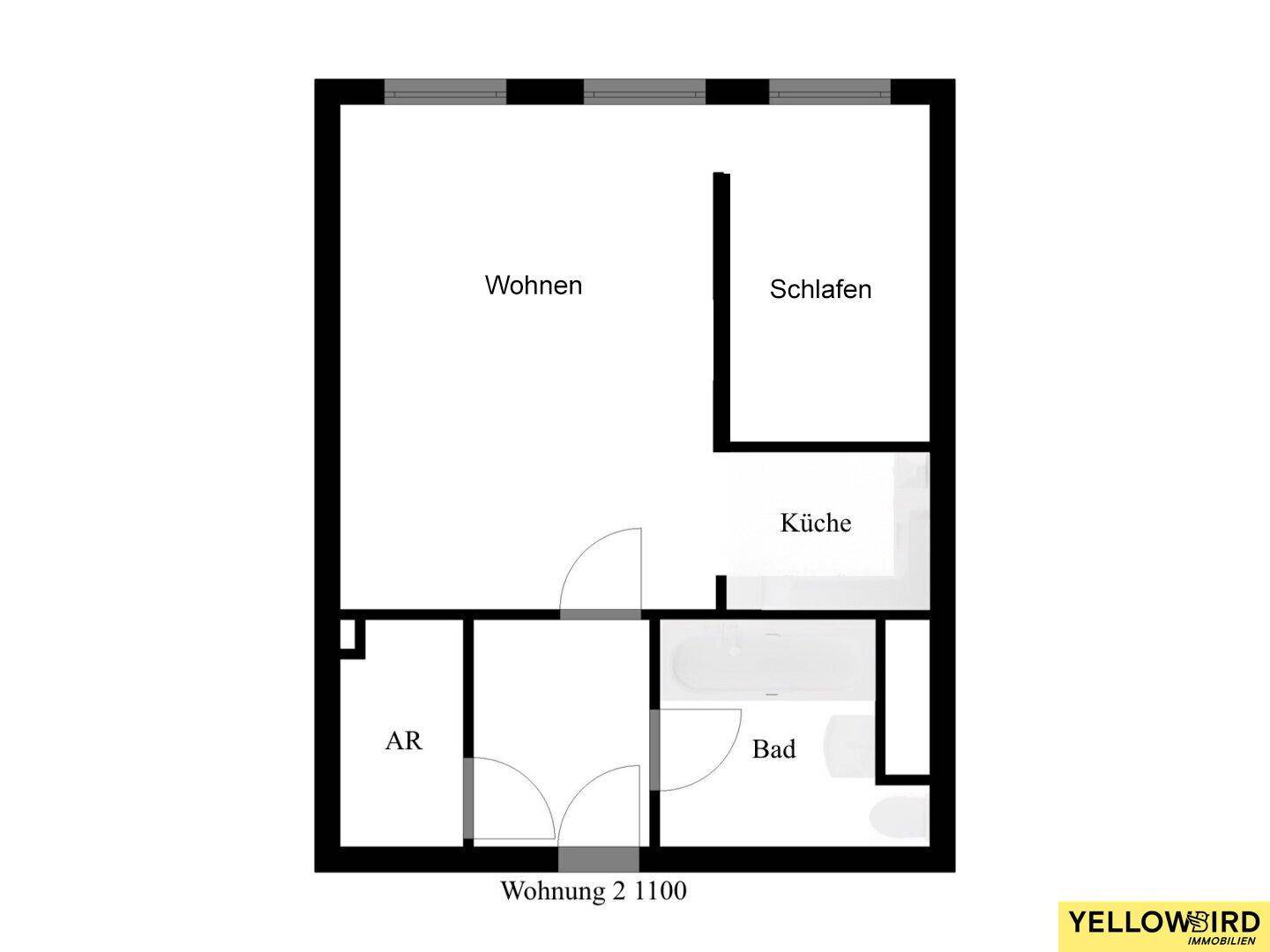 Grundriss der Wohnung 2 1100 mit Wohn-, Schlaf-, Küchen- und Badbereichen.