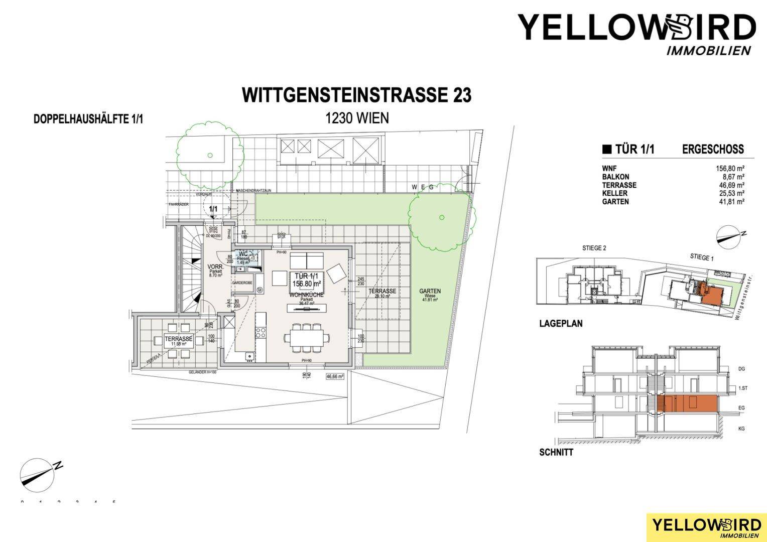 Grundriss des Erdgeschosses einer Doppelhaushälfte mit Terrasse und Garten.