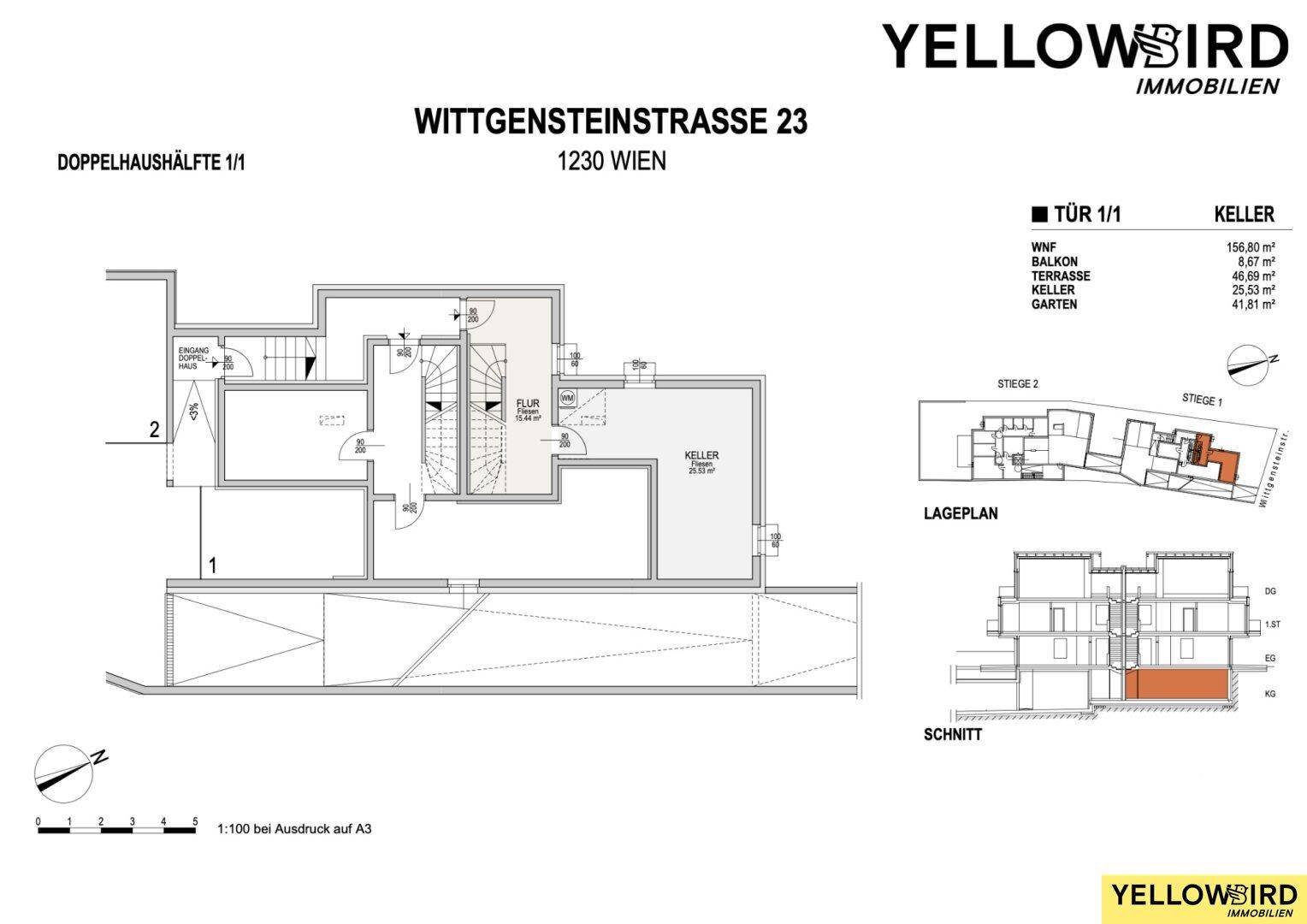 Grundriss des Kellergeschosses einer Doppelhaushälfte mit Abstellräumen und Zugang.