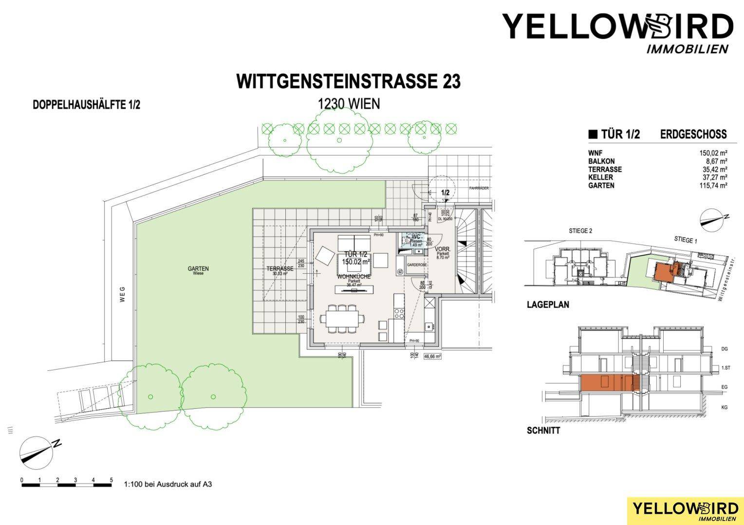 Grundriss des Erdgeschosses mit Wohn-Essbereich, Terrasse und großem Garten.