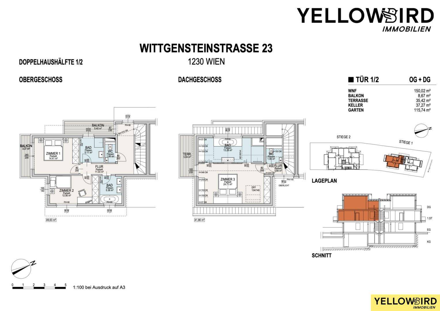 Grundriss des Ober- und Dachgeschosses mit Schlafzimmern, Bädern und Balkonen.
