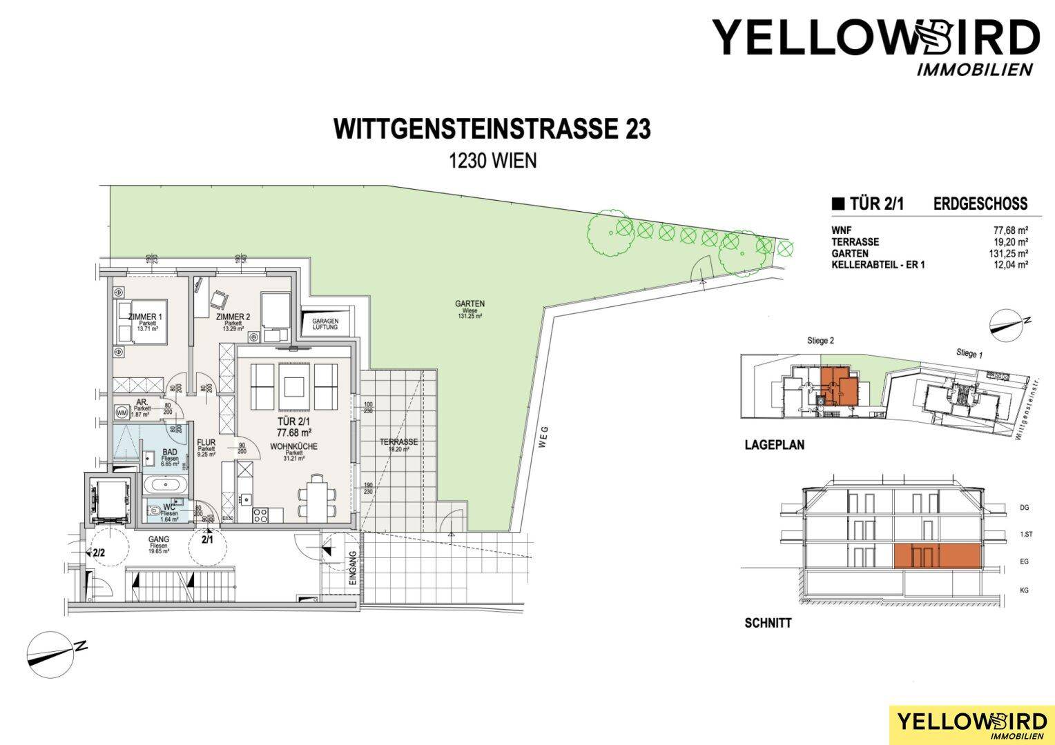 Grundriss der Erdgeschosswohnung mit Garten, Terrasse und Kellerabteil.