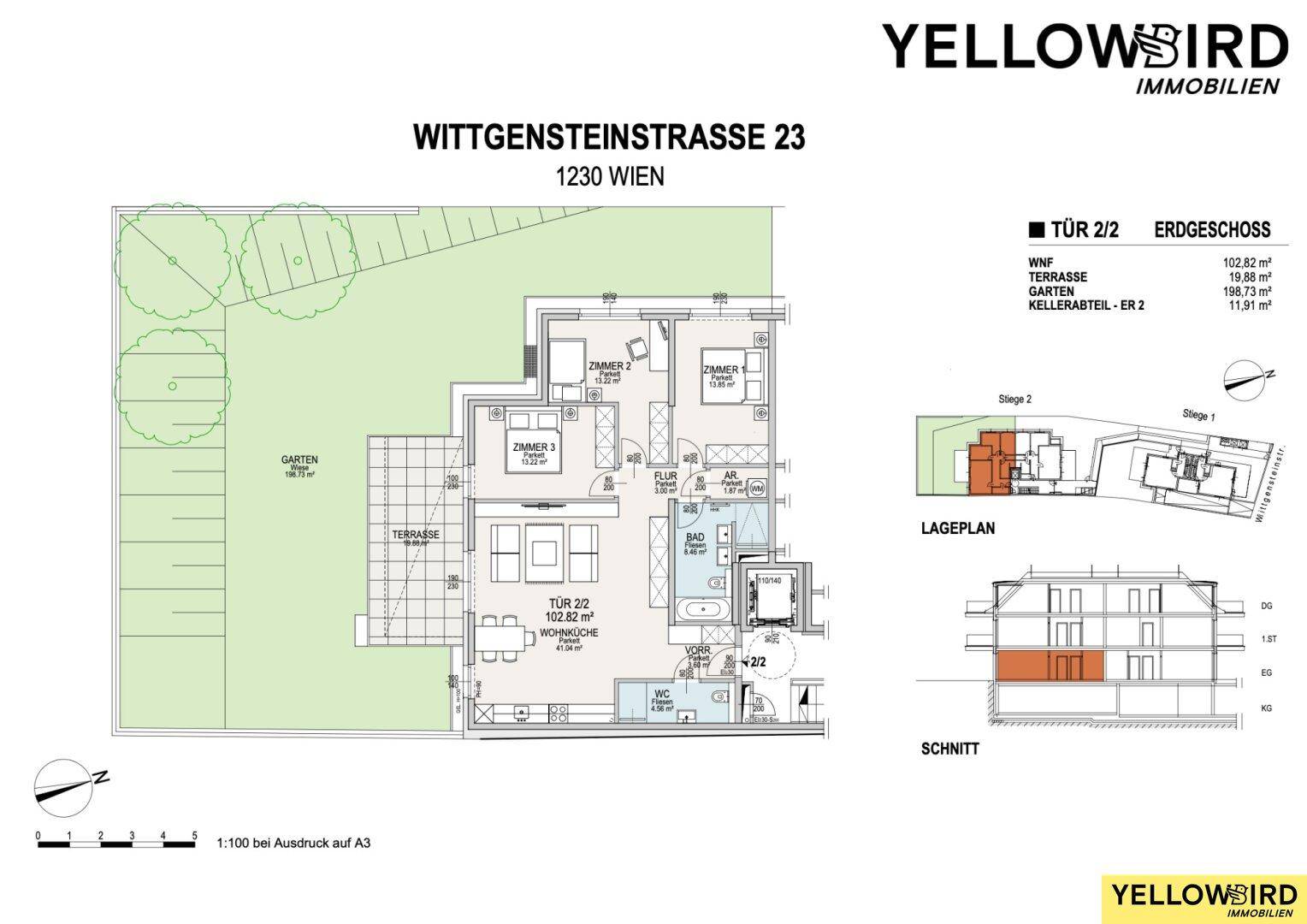 Grundriss der Erdgeschosswohnung mit Terrasse und privatem Gartenbereich.