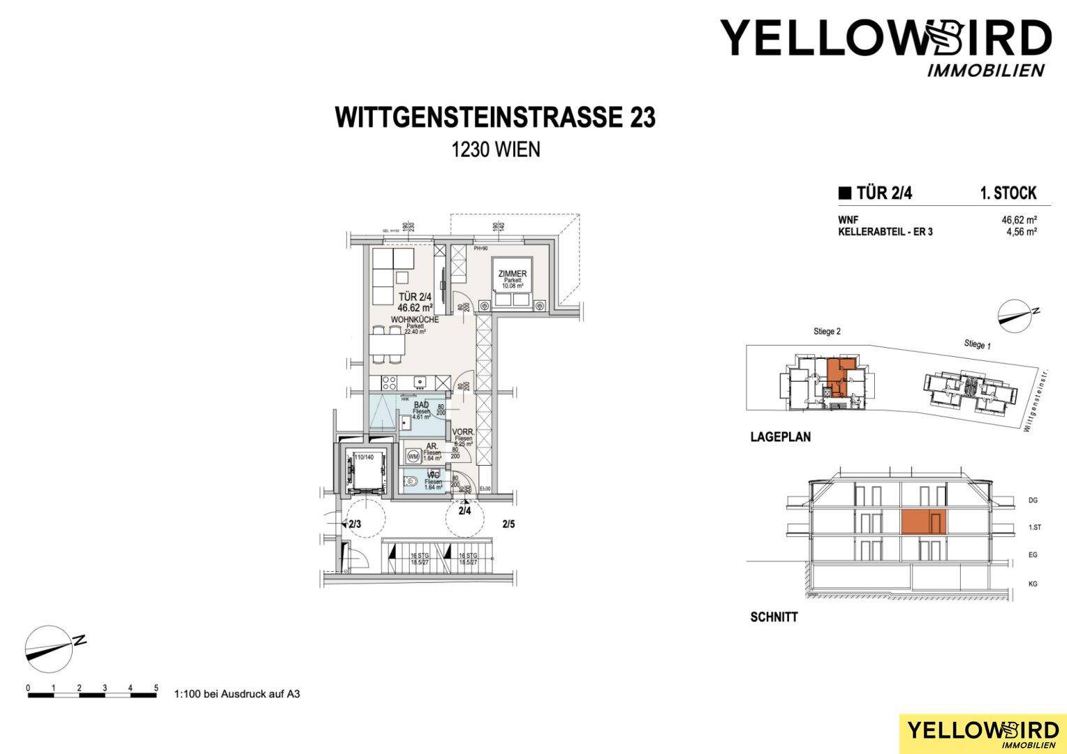 Grundriss einer Wohnung im ersten Stock mit Balkon, Wohnküche und Abstellraum.