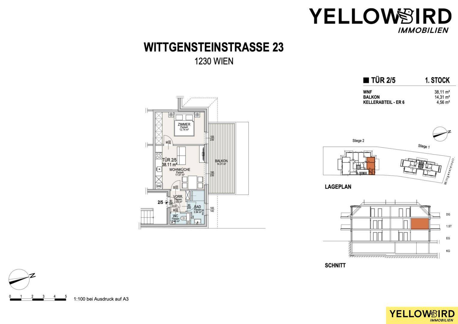 Grundriss einer Wohnung im ersten Stock mit Balkon, Kellerabteil und Lageplan.