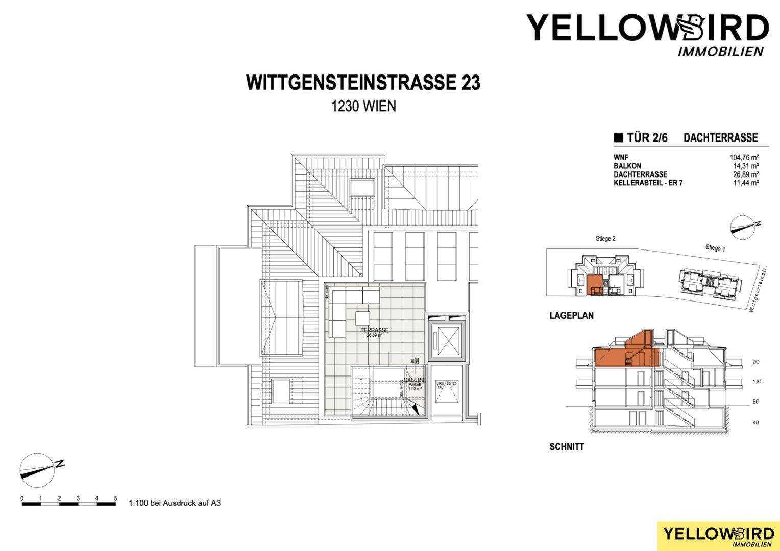 Grundriss der Dachterrasse und des Balkons im Dachgeschoss mit Außenbereichen.