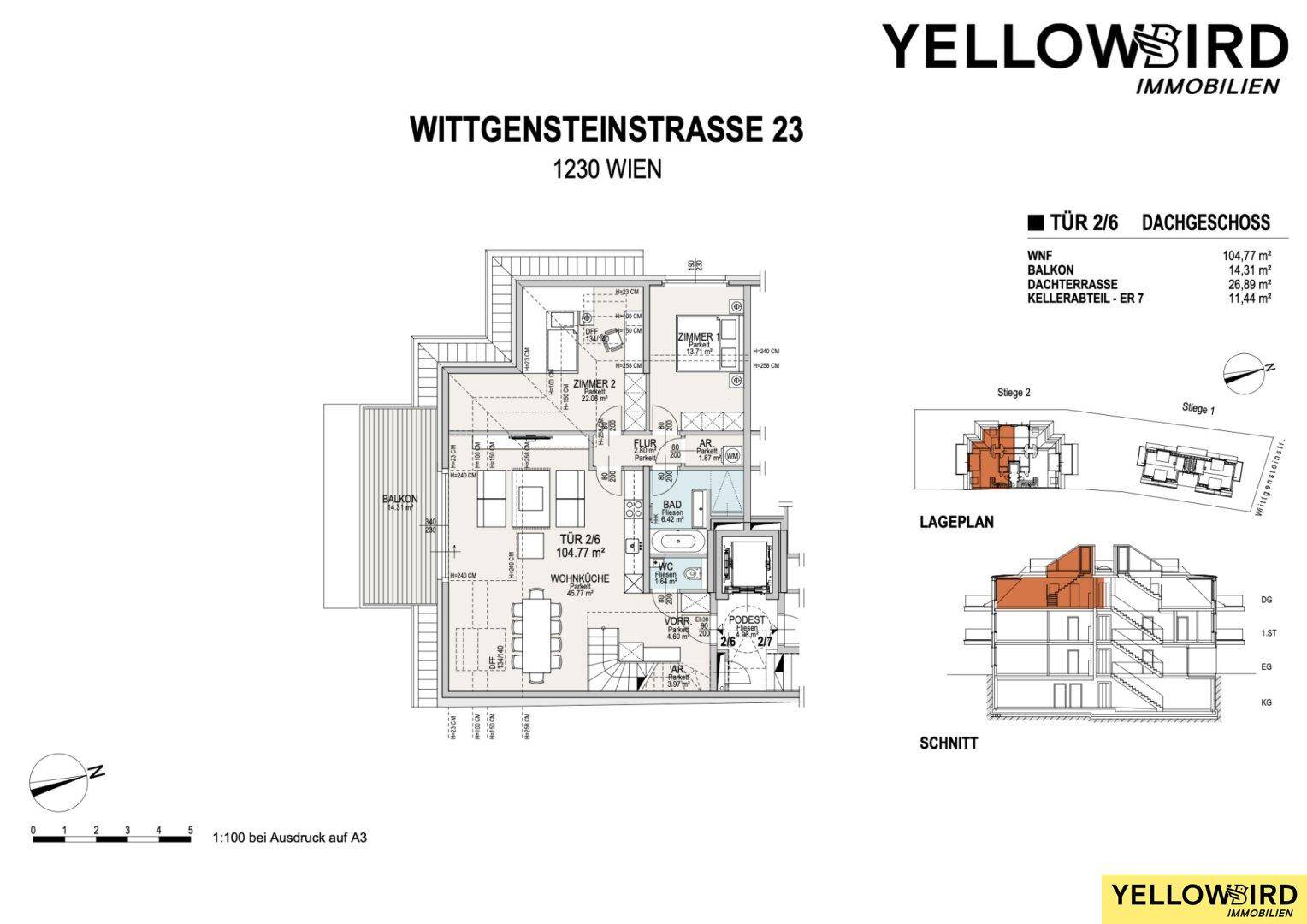 Grundriss des Dachgeschosses mit Wohnbereich, Schlafzimmern, Balkon und Dachterrasse.