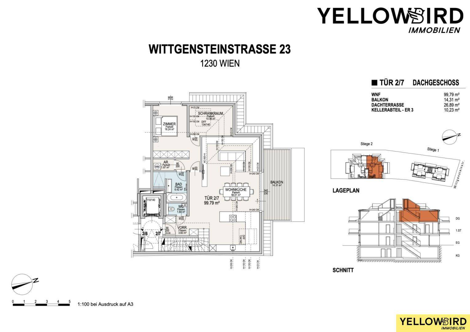 Grundriss des Dachgeschosses mit Wohnküche, Schlafzimmer und großer Dachterrasse.