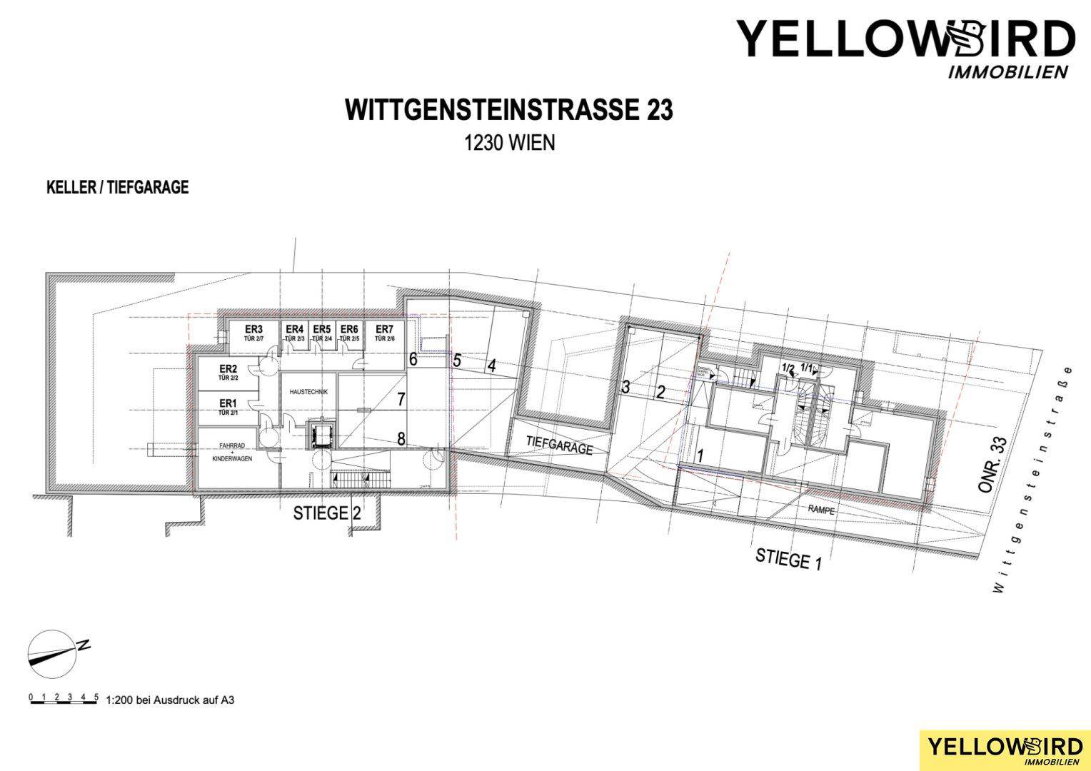 Grundriss des Kellers und der Tiefgarage mit Stellplätzen und Abstellräumen.