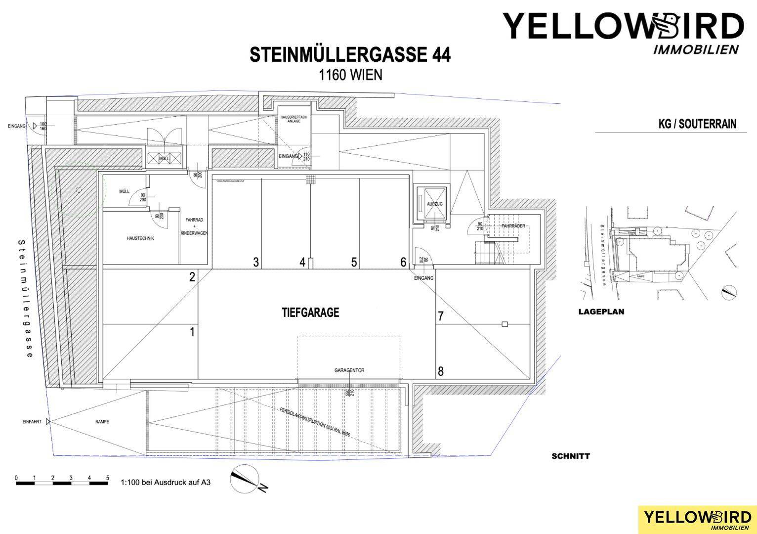 Grundriss des Kellergeschosses mit Tiefgarage, Fahrradraum und verschiedenen Abstellbereichen.