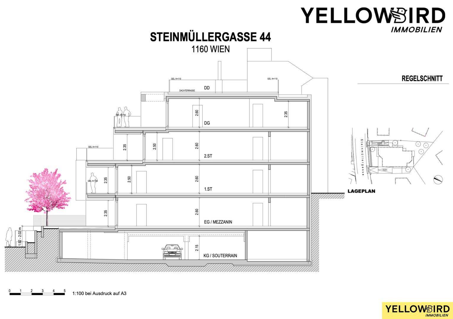 Regelschnitt des Gebäudes zeigt die vertikale Struktur über mehrere Etagen mit Tiefgarage.