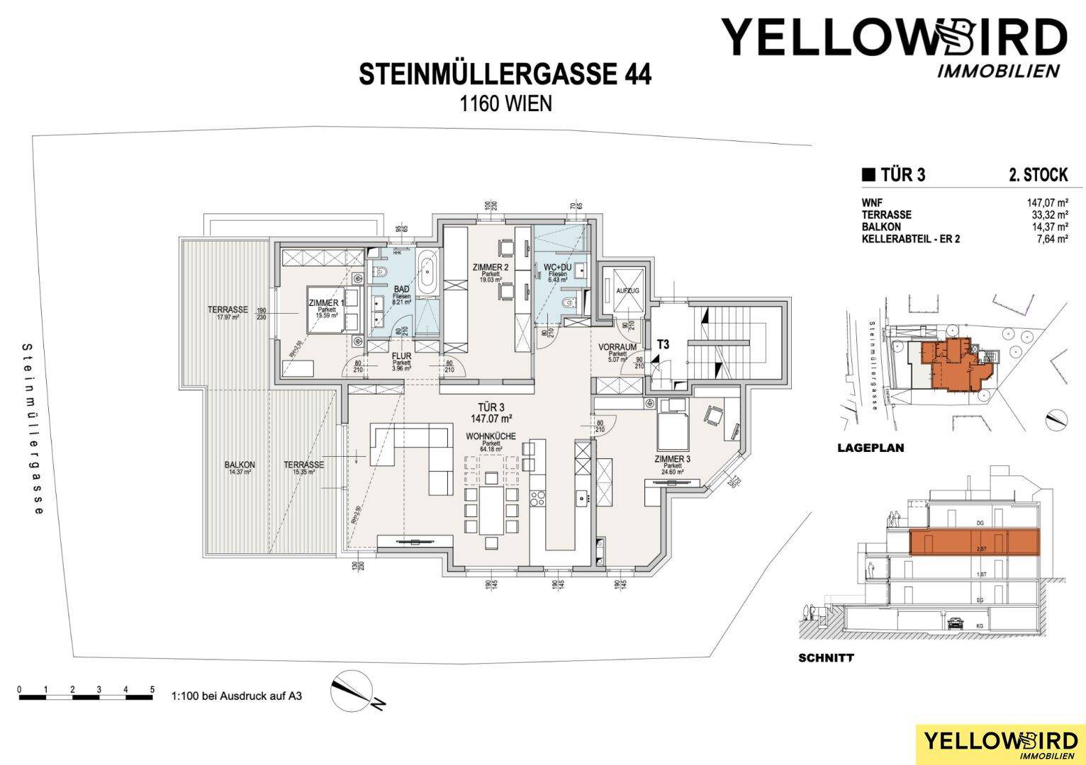 Detaillierter Grundriss einer Wohnung mit Terrasse, Balkon und drei Zimmern.