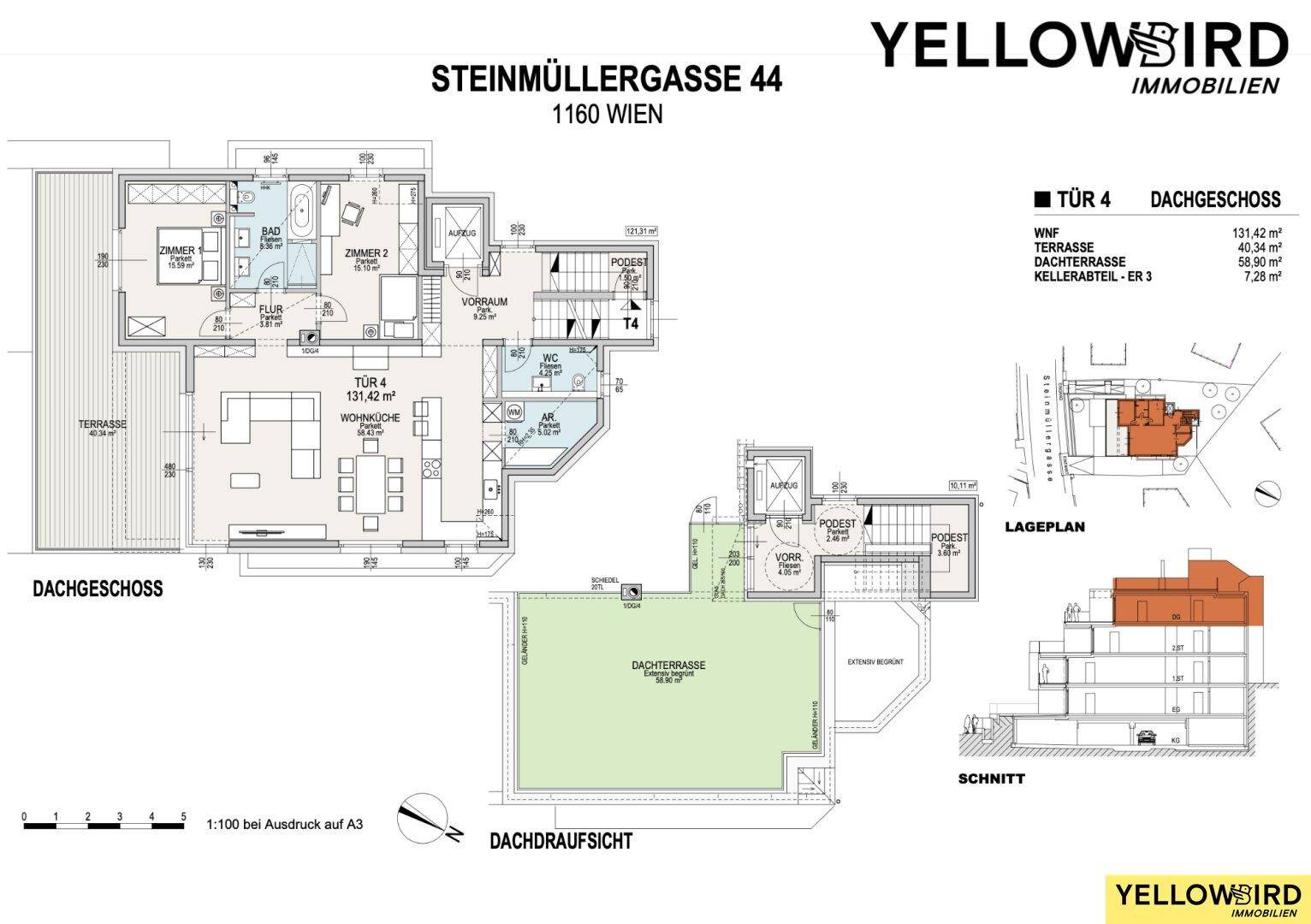 Grundriss der Dachgeschosswohnung mit offenem Wohnbereich, Terrasse und Dachterrasse.