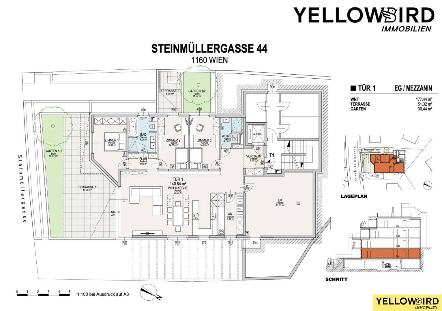Detaillierter Grundriss der Erdgeschoss-/Mezzaninwohnung mit drei Schlafzimmern und Gartenbereichen.