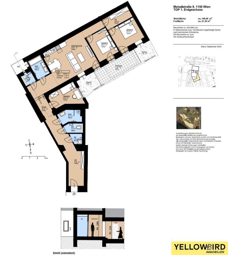 Detaillierter Grundriss der Wohnung mit drei Schlafzimmern und großer Terrasse.