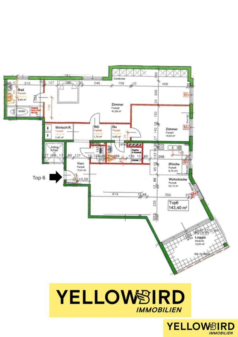 Detaillierter Grundriss der Wohnung Top 6 mit 143,40 m² Wohnfläche und Balkonen.