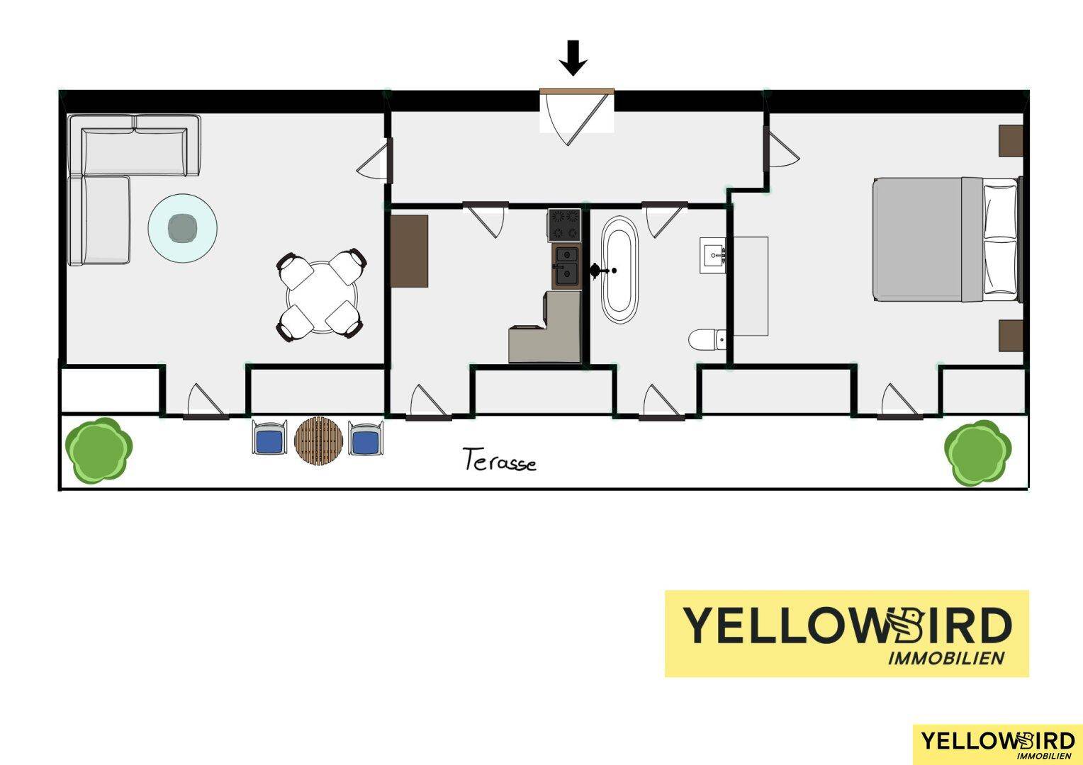 Grundriss der Wohnung mit Terrasse, Wohnbereich und Schlafzimmer.