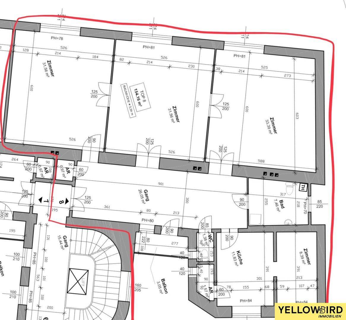 Detaillierter Grundriss der Wohnung mit Zimmern, Küche, Bad und Balkon.