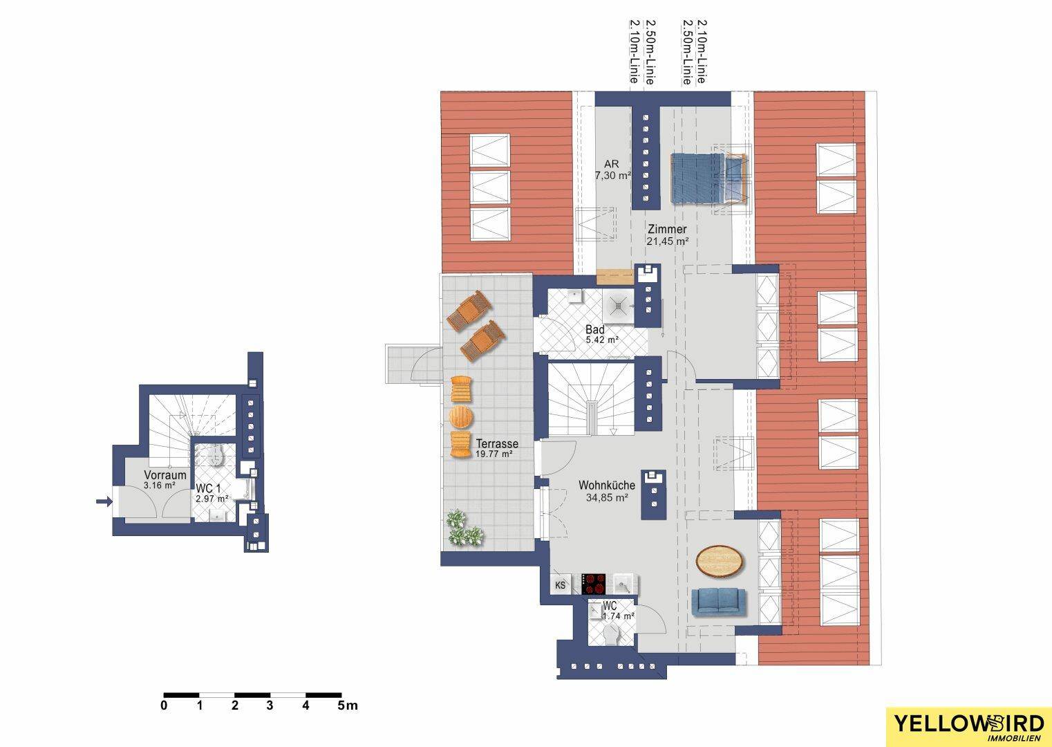 Grundrissplan einer Dachgeschosswohnung mit Terrasse, Wohnküche und Zimmern.