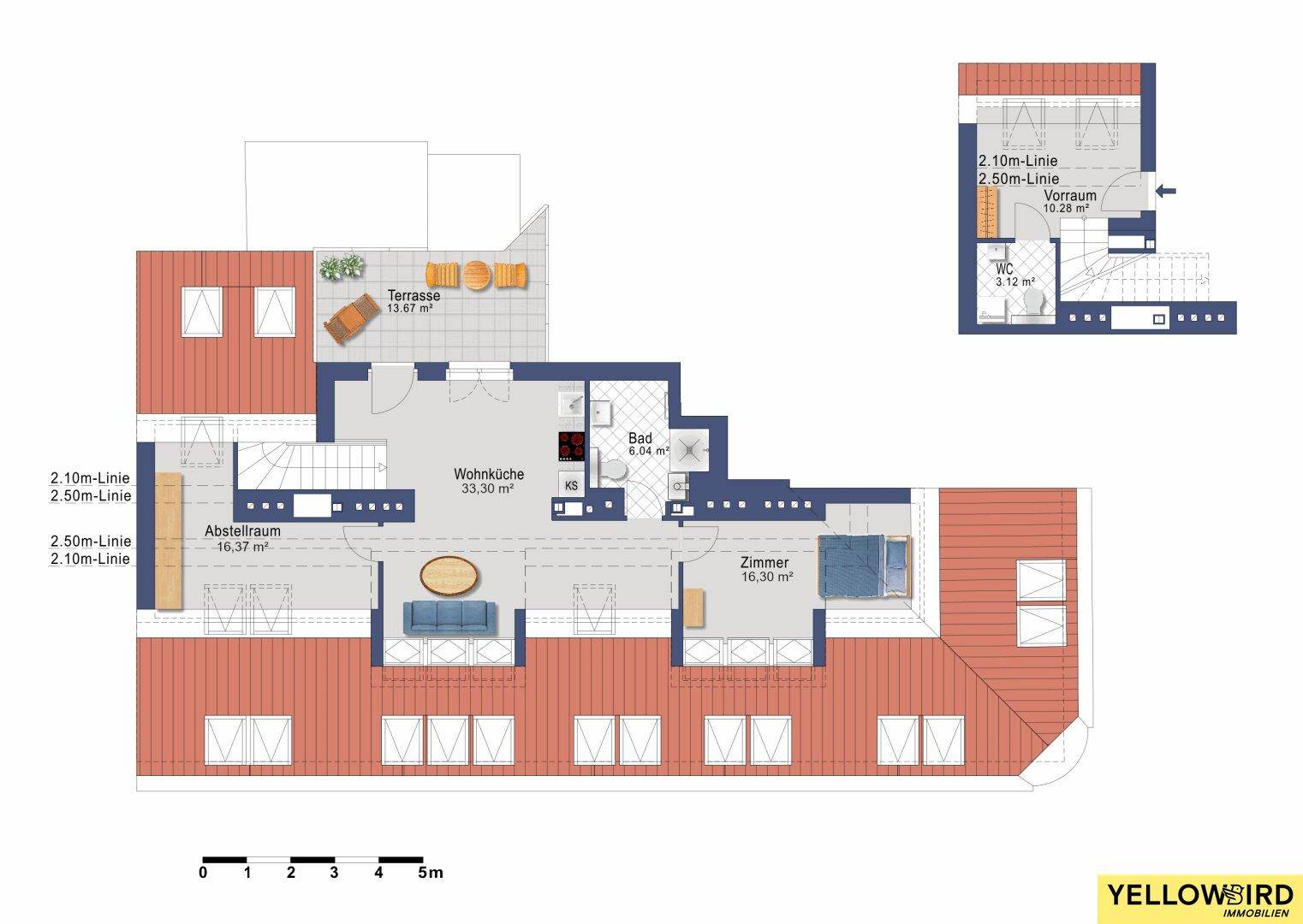 Grundriss der Wohnung mit Wohnküche, Schlafzimmer, Bad, WC, Abstellraum und Terrasse.