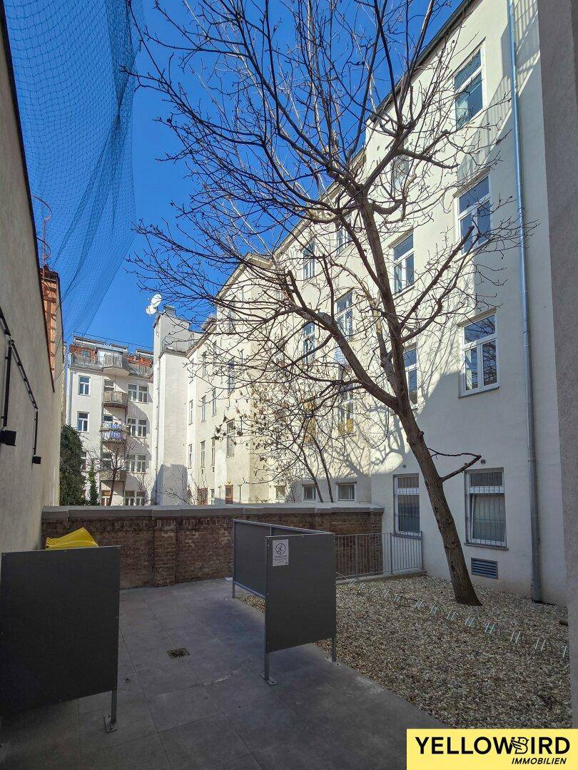 Innenhof mit Baumbestand und Gebäudefassaden, bietet einen ruhigen Außenbereich.