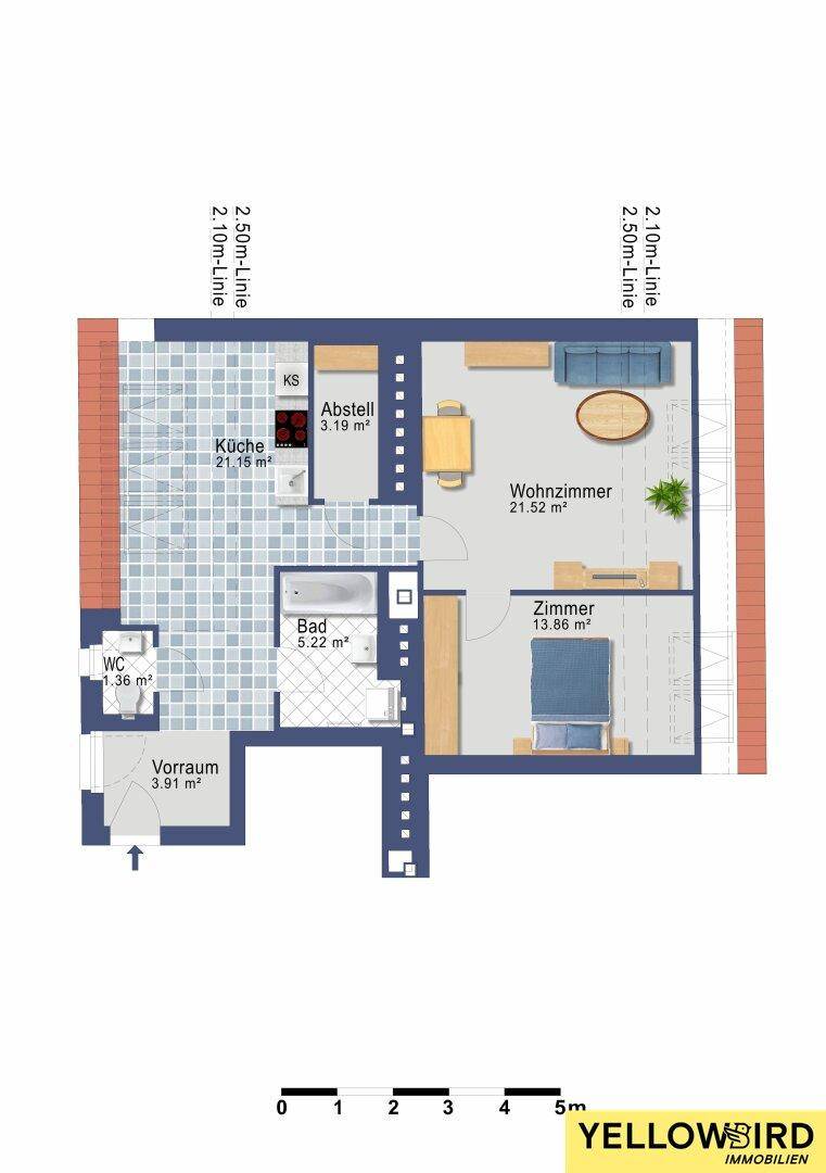 Grundriss einer Wohnung mit Küche, Wohnzimmer, Schlafzimmer und Bad.