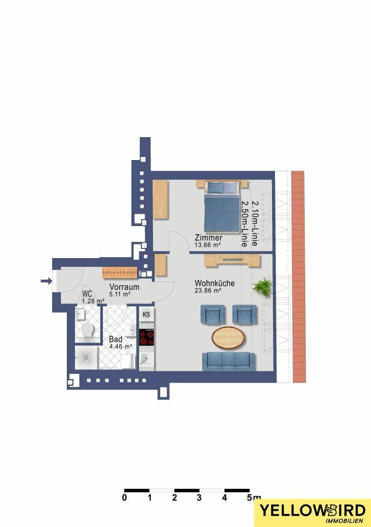 Grundriss einer Wohnung mit Schlafzimmer, offener Wohnküche, Bad und separatem WC.