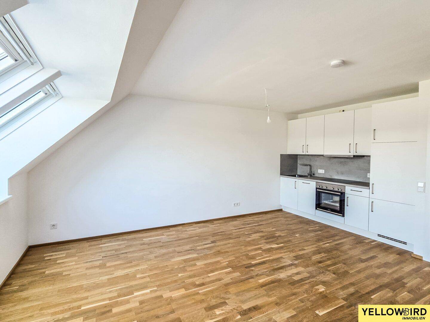 Offener Wohnbereich mit integrierter Küchenzeile, Holzboden und viel Tageslicht durch Dachfenster.