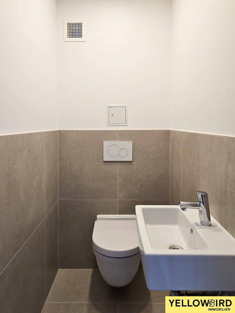 Modernes Gäste-WC mit Wand-WC, kleinem Waschbecken und grauen Fliesen in zeitgemäßem Design.