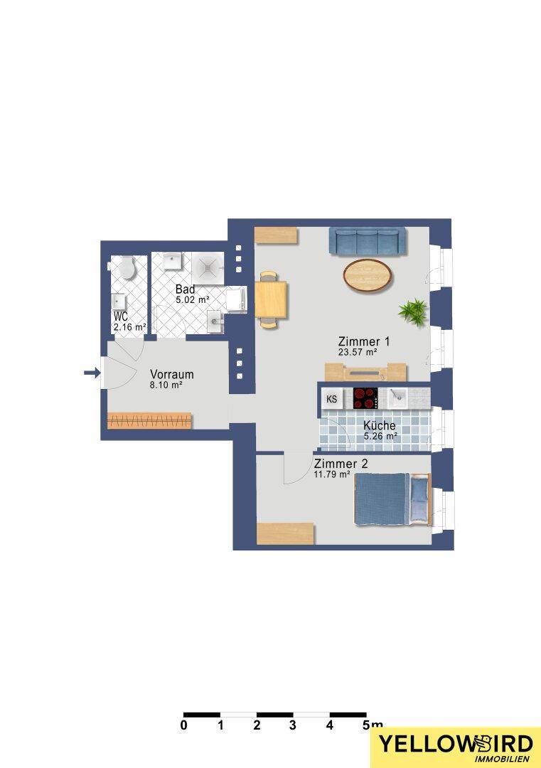Grundriss einer Wohnung mit zwei Zimmern, separater Küche, Bad und WC, inklusive Flächenangaben.