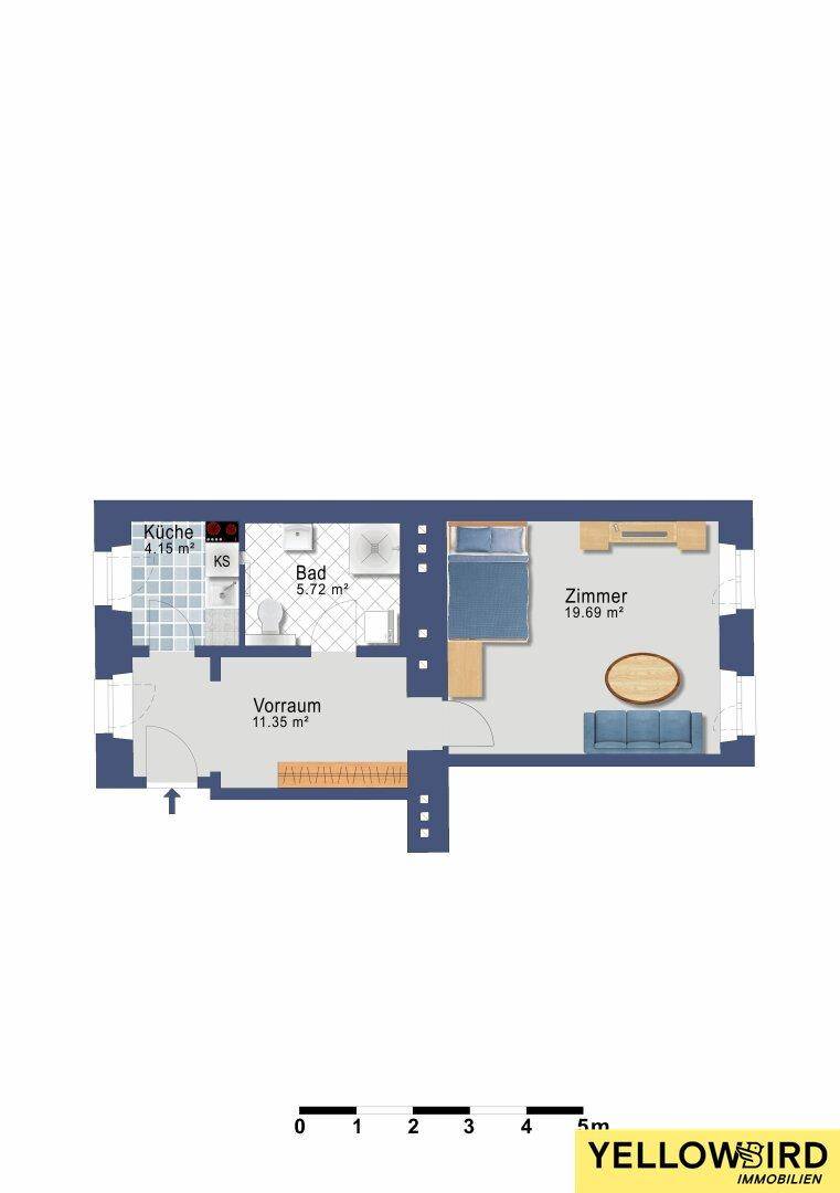 Grundriss einer Wohnung mit Küche, Bad, Vorraum und einem Zimmer, inklusive Flächenangaben.