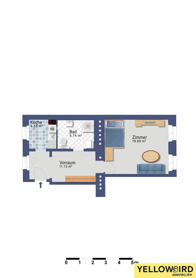Grundrissplan einer Wohnung mit Küche, Bad, Vorraum und einem Zimmer, inklusive Flächenangaben.