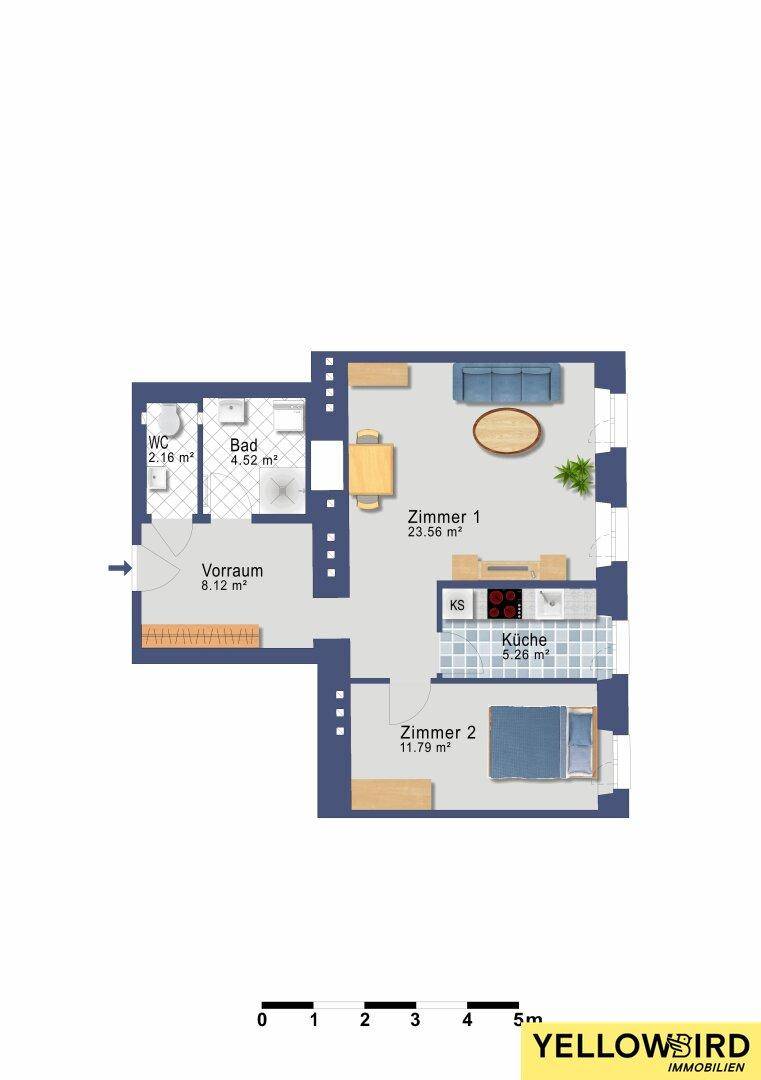 Grundriss der Wohnung mit zwei Zimmern, Küche, Bad und separatem WC.