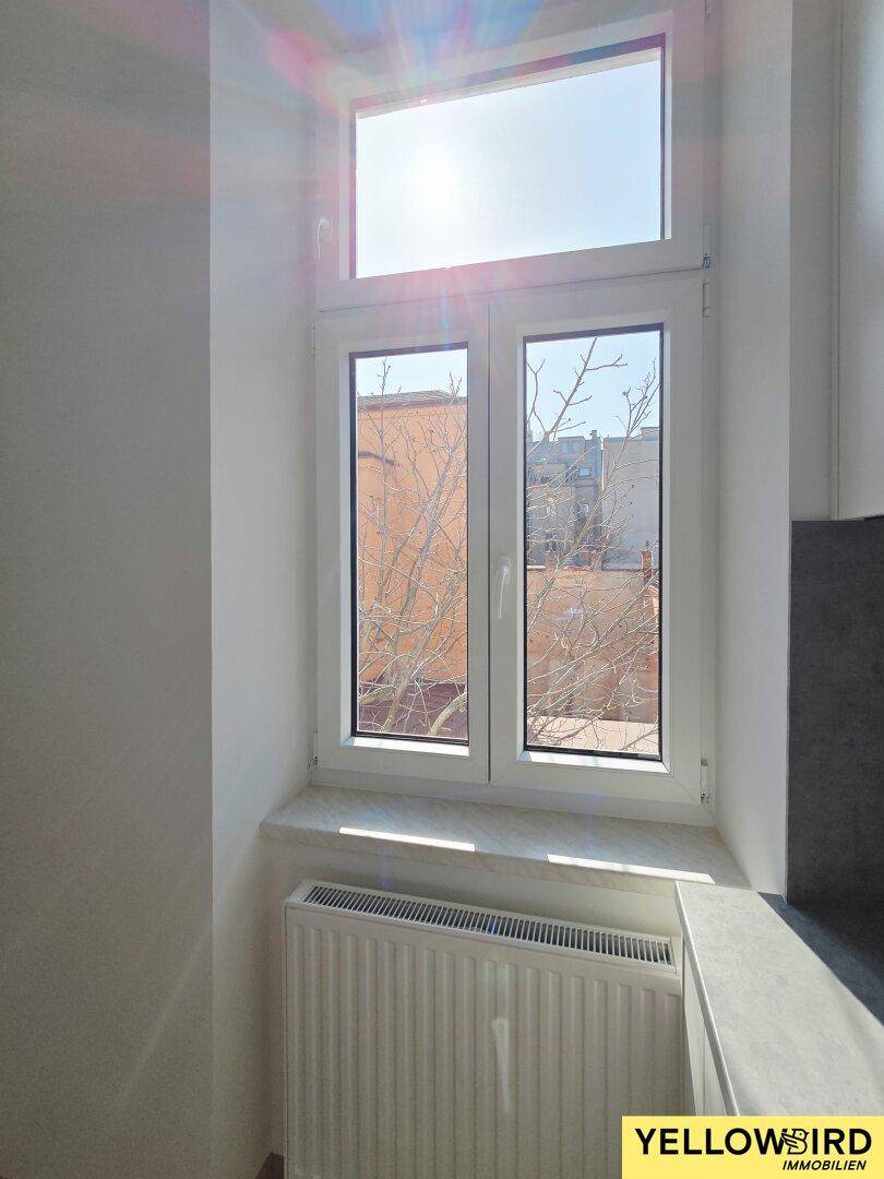Küchenfenster mit Blick auf die umliegenden Gebäude und kahle Bäume, das Tageslicht hereinlässt.