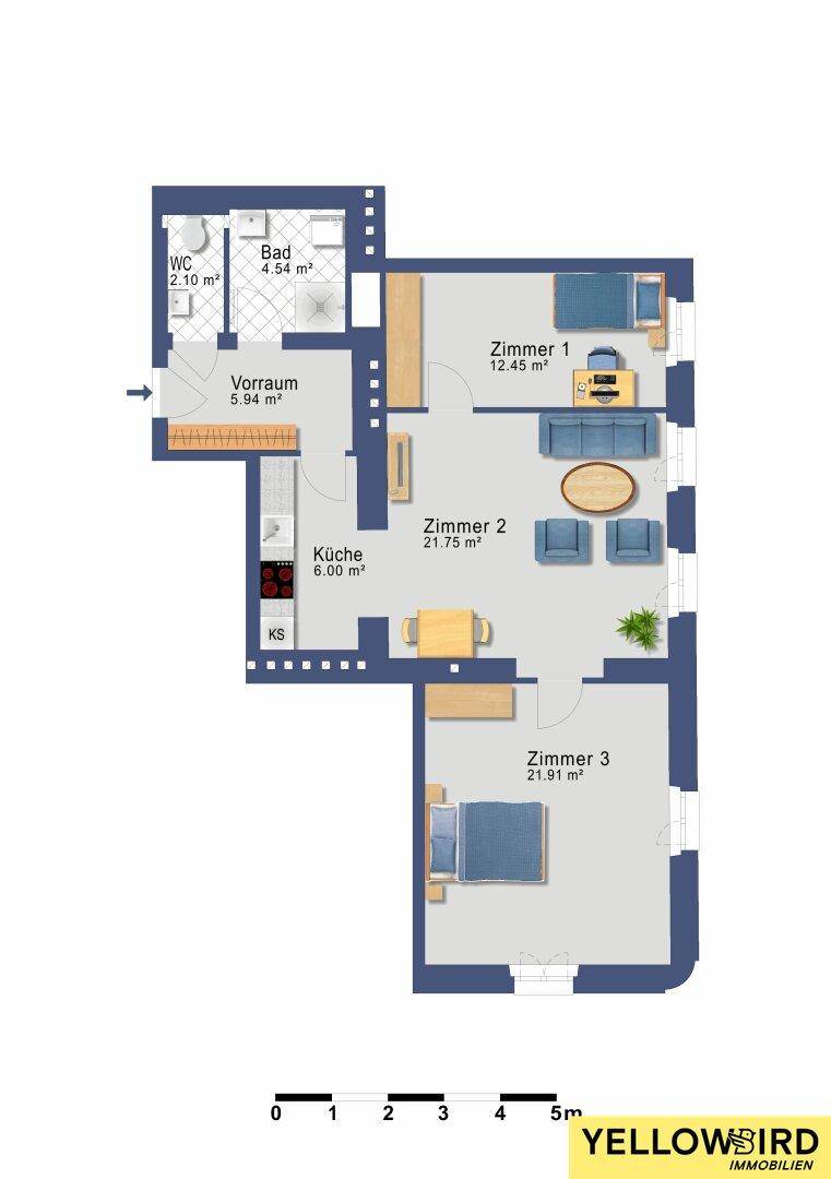 Detaillierter Grundriss der Wohnung mit drei Zimmern, Küche, Bad und separatem WC.