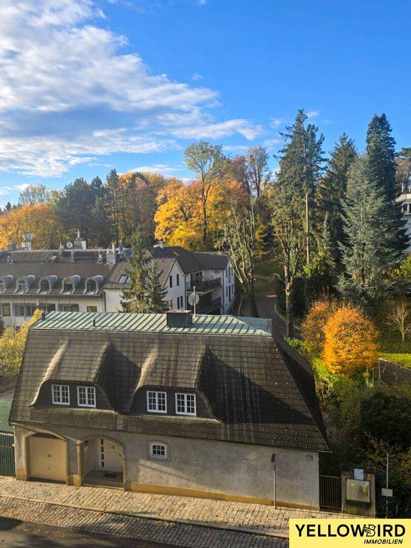 Historisches Gebäude mit Mansarddach und herbstlicher Baumkulisse in einer ruhigen Straße.