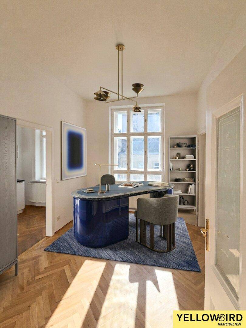 Elegantes Büro mit blauem Schreibtisch, Teppich und Fischgrätparkett, beleuchtet durch ein großes Fenster.