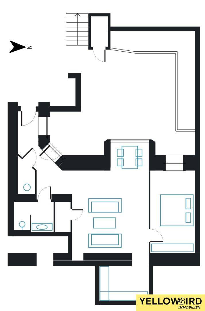 Grundriss der Wohnung mit Aufteilung in Wohn-, Schlaf- und Sanitärbereiche.