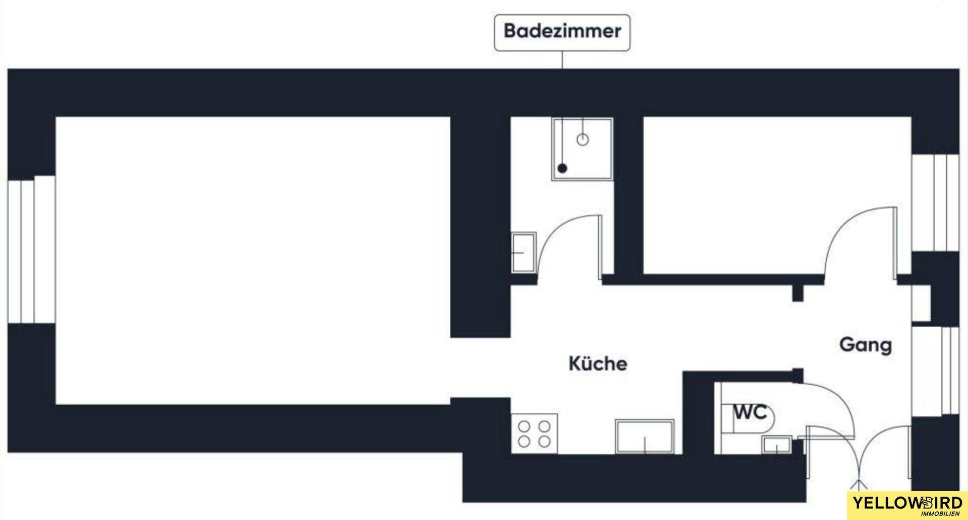 Grundriss der Wohnung mit Küche, Bad, WC und Gang.