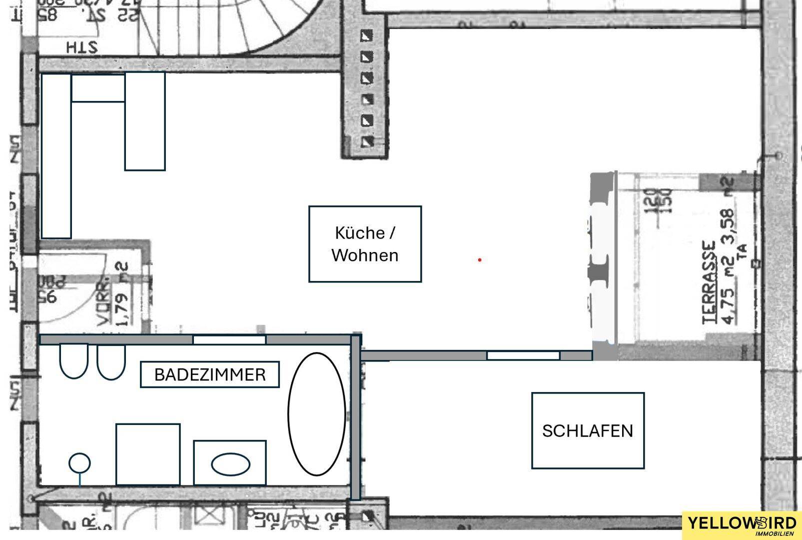 Grundriss des Dachgeschosses mit Küche, Wohnbereich, Schlafzimmer, Bad und Terrasse.