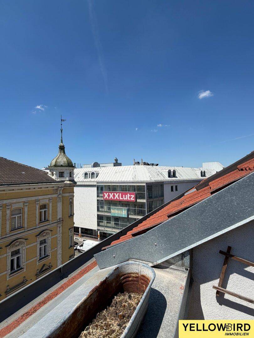 Weitläufiger Blick über die Dächer der Stadt mit historischer Architektur und modernen Gebäuden.