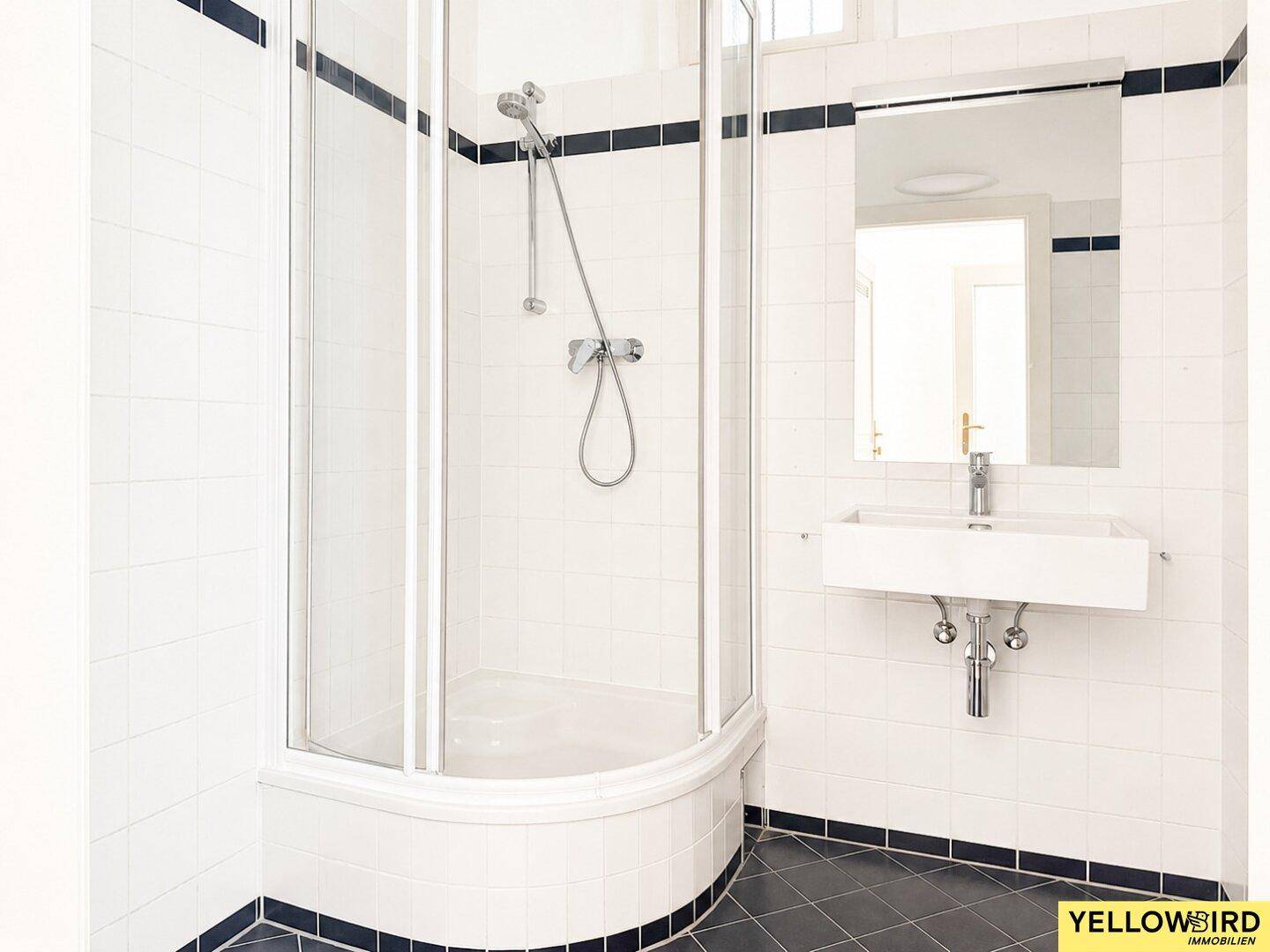 Modernes Badezimmer mit Duschkabine, Waschbecken und Spiegel, alles in Weiß und Dunkelblau gehalten.