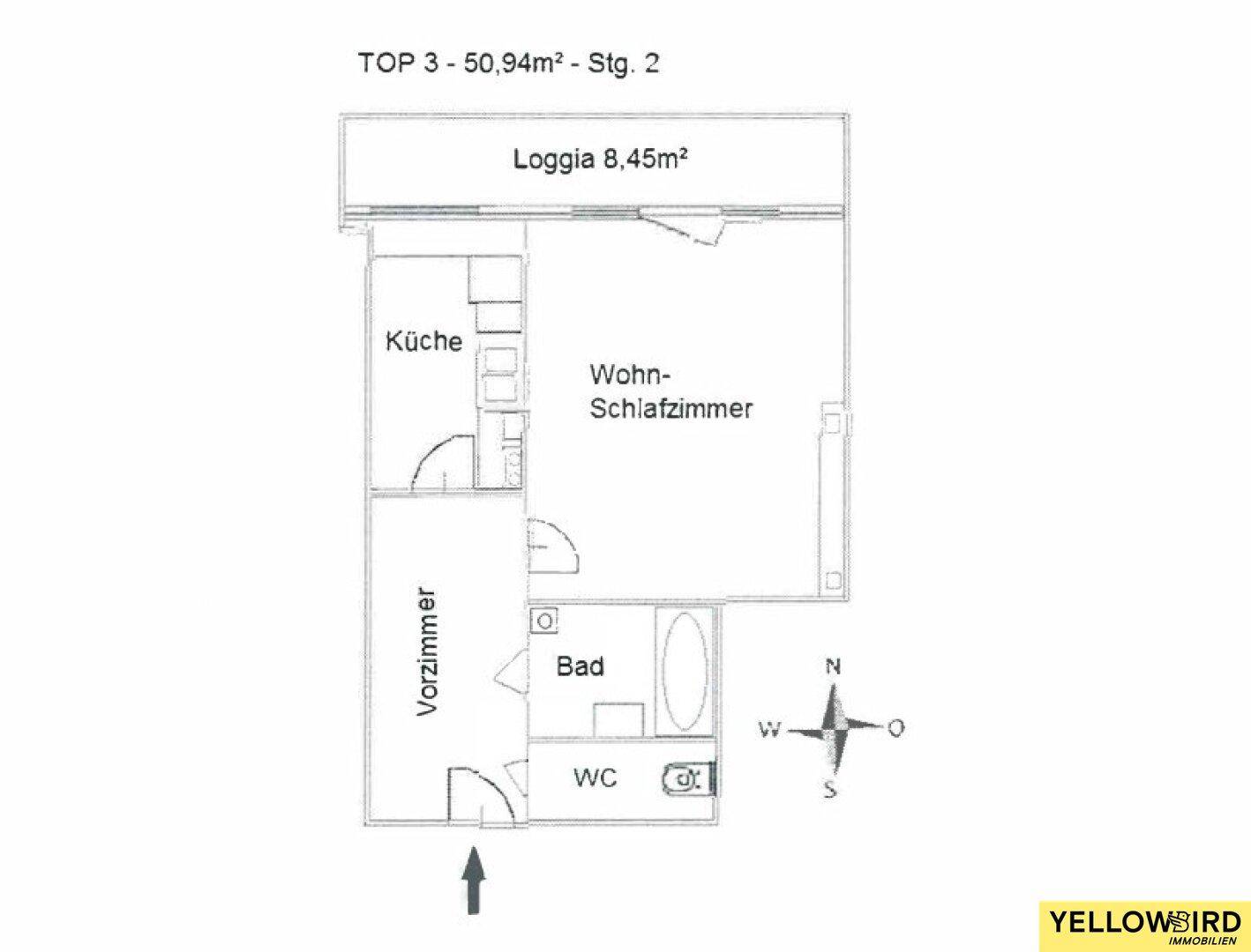 Grundriss einer Wohnung mit Loggia, Küche, Wohn-Schlafzimmer, Bad und separatem WC.