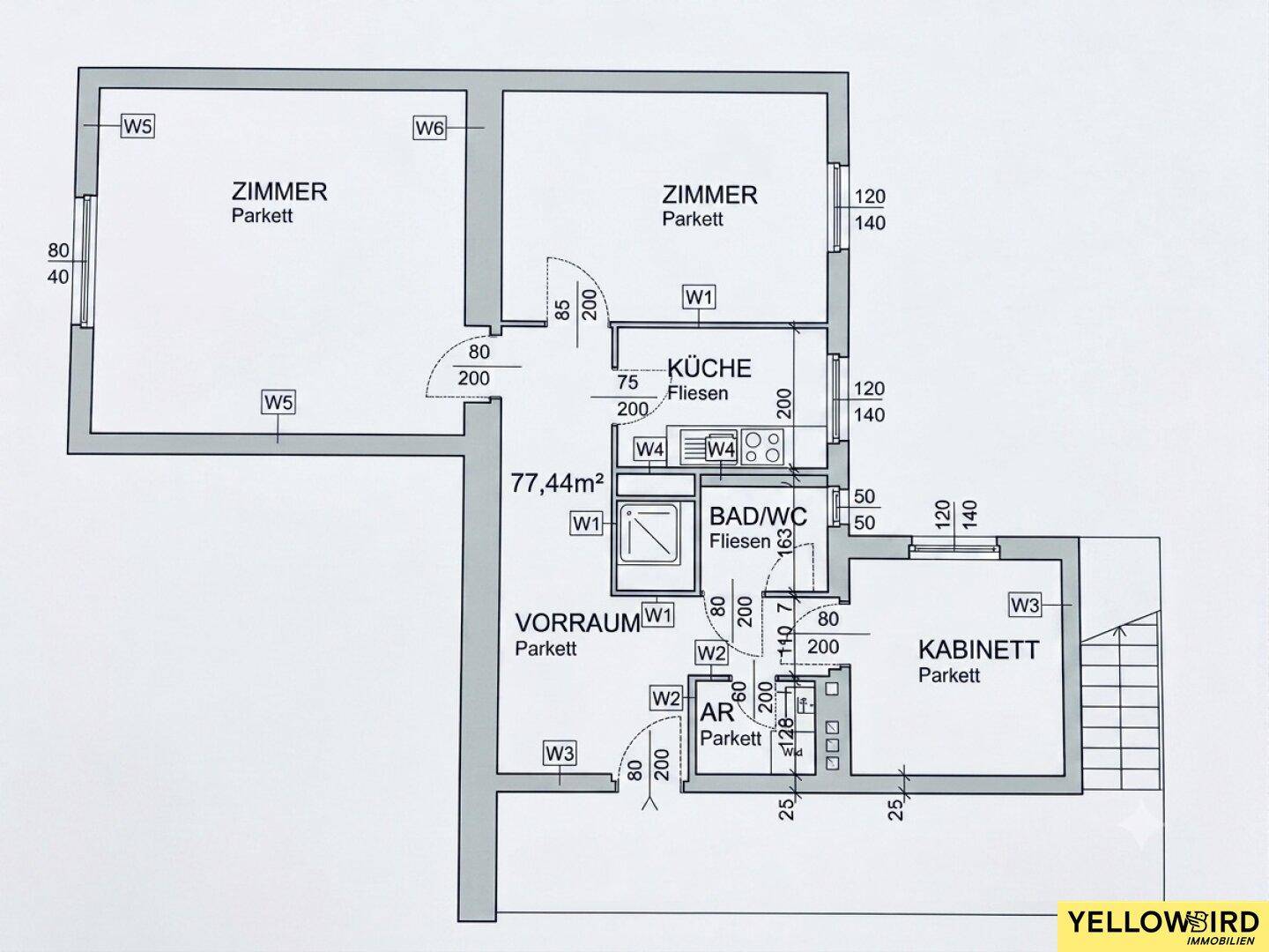 Grundriss der Wohnung mit 77,44 m², zeigt Zimmer, Küche, Bad und Kabinett.